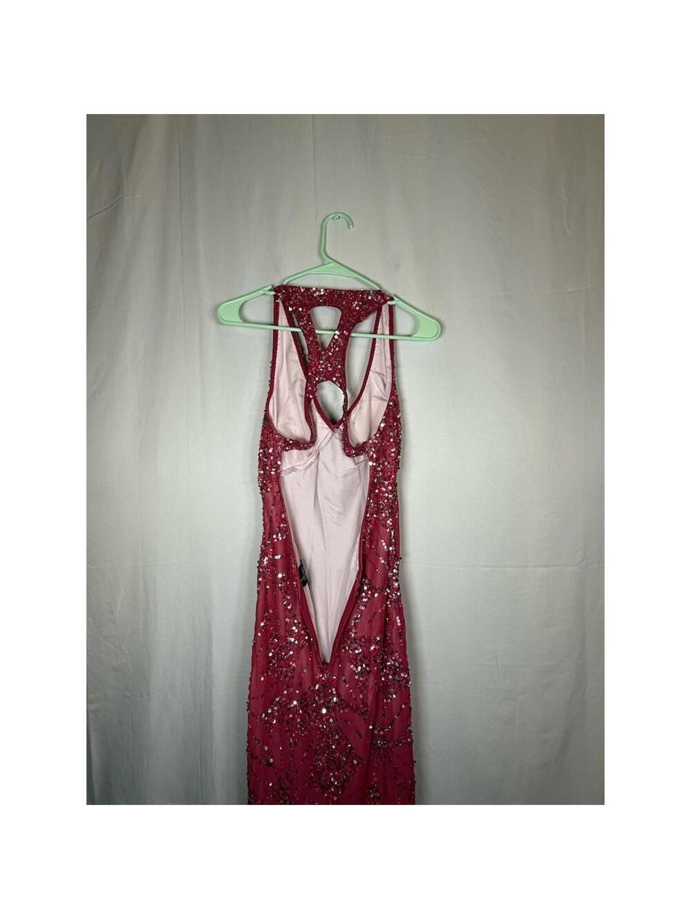 Adrianna Papell Gown Womens Size 8 Pink Sequin Halter Maxi Deep V Back Cutout - Picture 15 of 16